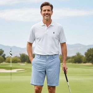 Polo Ralph Lauren Seersucker Shorts Men 42 Blue White Plaid Golf Preppy‎ Party